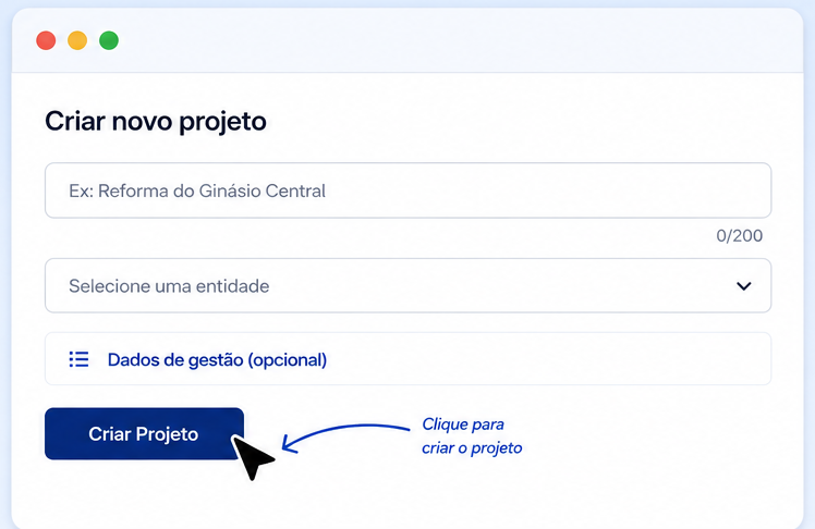 Modal de criação de novo projeto na UniLicit, com nome e entidade preenchidos