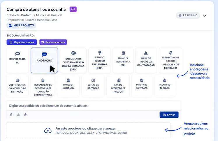 Projeto na UniLicit com anotações, descrição da necessidade e anexos de arquivos