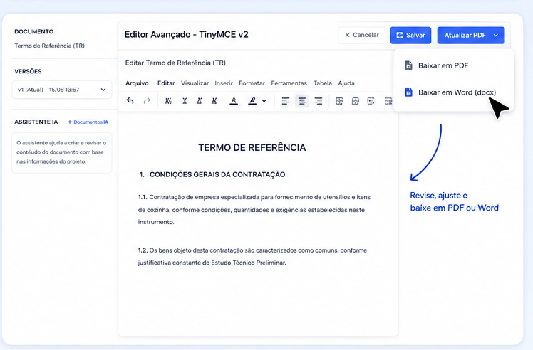 Editor avançado da UniLicit com opções para salvar, baixar PDF e Word